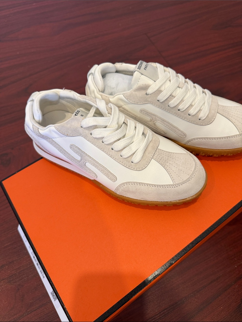 Hermes White and Beige Low-Top Sneakers with Gum Sole